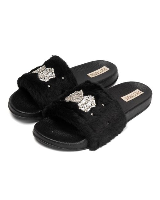 Rettrose Black Ava Noir Luxury Plush Diamanté Embellished Handmade Sliders