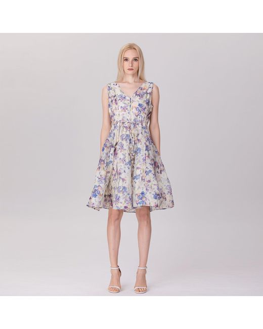 Smart and Joy Multicolor Neutrals / Flower Print Sleeveless Tea Organza Dress