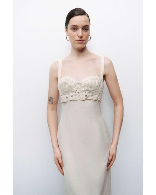 Nocturne White Neutrals Ecru Linen Brode Detailed Sweetheart Maxi Dress