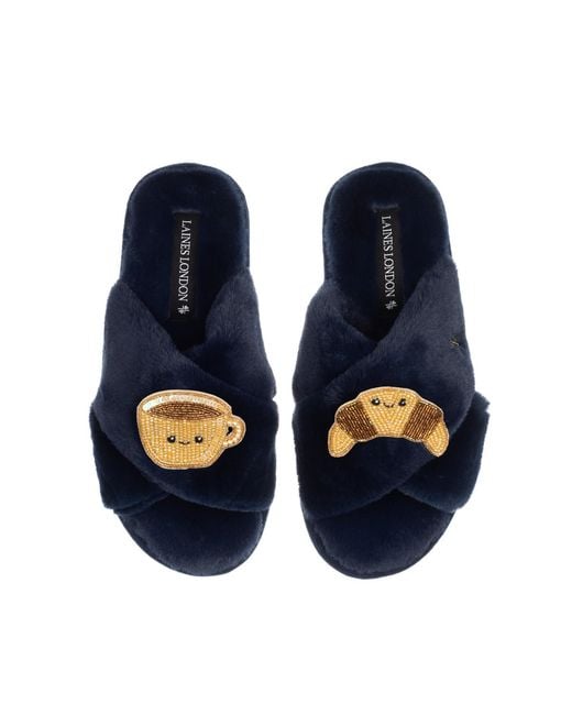 Laines London Blue Classic Slippers With Laines Lovables Coffee & Croissant Brooches