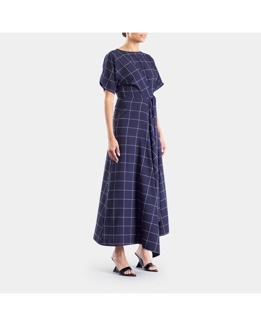 Meem Label Blue Baxter Navy Large Grid Wrap Dress