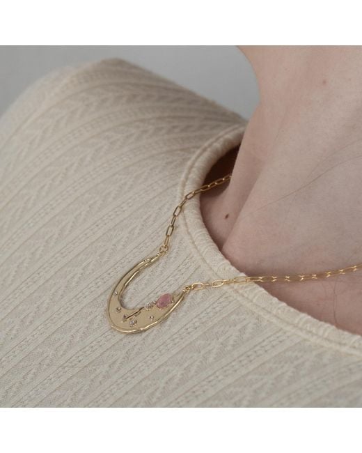 Rare Matters Jewelry Metallic Stellar Arc Crescent Strawberry Quartz Necklace
