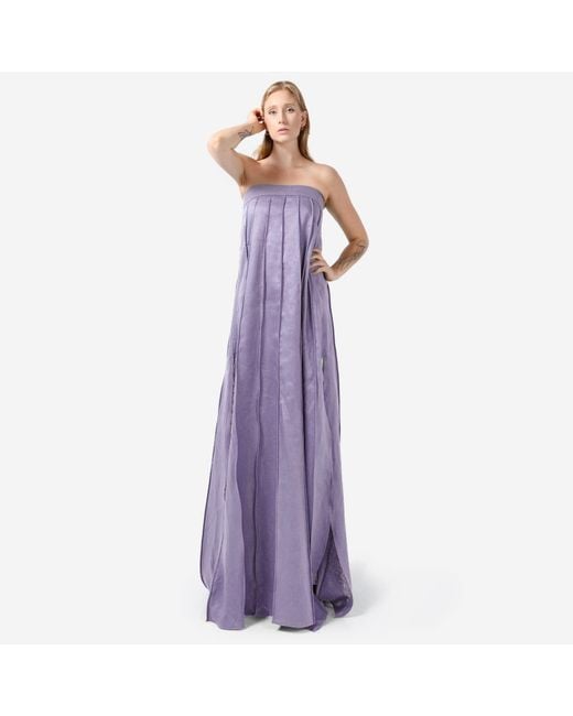 Kargede Purple Lilac Linen Maxi Dress – Designer Strapless Gown With Pleated Detail