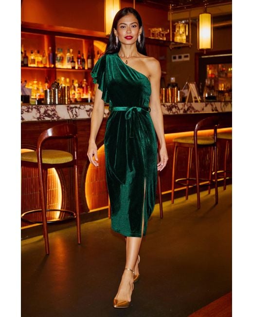 Yumi' Green Velvet Frill One Shoulder Midi Dress With Split Hem