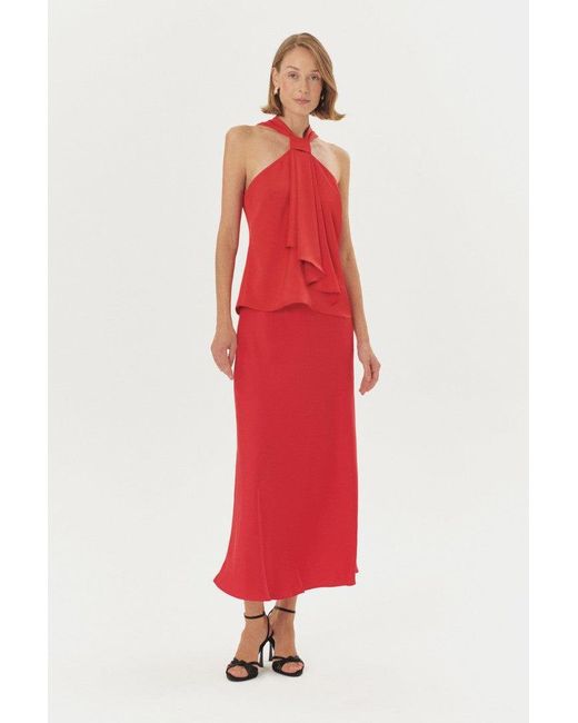 Exquise Red Brandon Knot Detailed Satin Blouse –