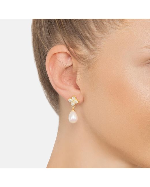Latelita London Metallic Clover Flower Pearl Drop Cz Earrings
