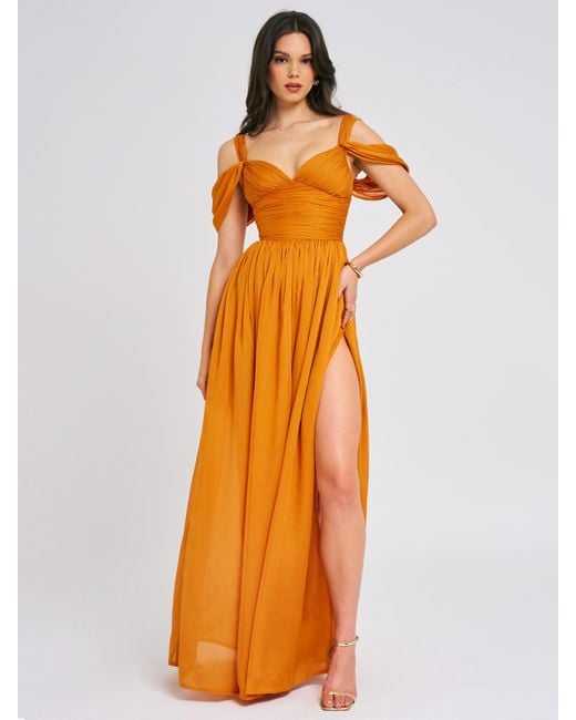 Miss Circle New York Orange Jelani Layered Mesh High-Slit Drape Maxi Dress