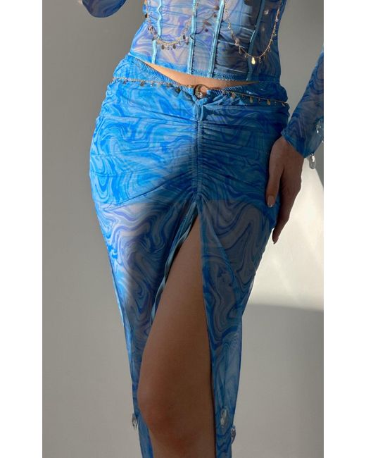 Empress Mimi Blue Siren Song Ruched Skirt With Wave Print