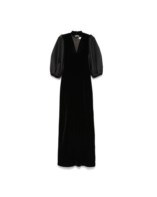 Nissa Black Puff Sleeves Velvet Midi Dress