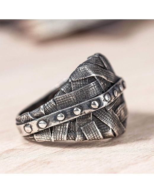 German Kabirski Metallic Gridlock Oxidized Ring With Layered Wrapped Metal Look for men