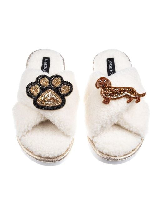 Laines London Metallic Neutrals Boucle Slippers With Paw & Dachshund Brooches