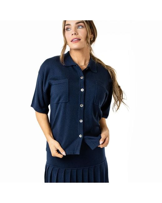 Zenzee Blue Silk Cashmere Boyfriend Short Sleeve Polo Shirt