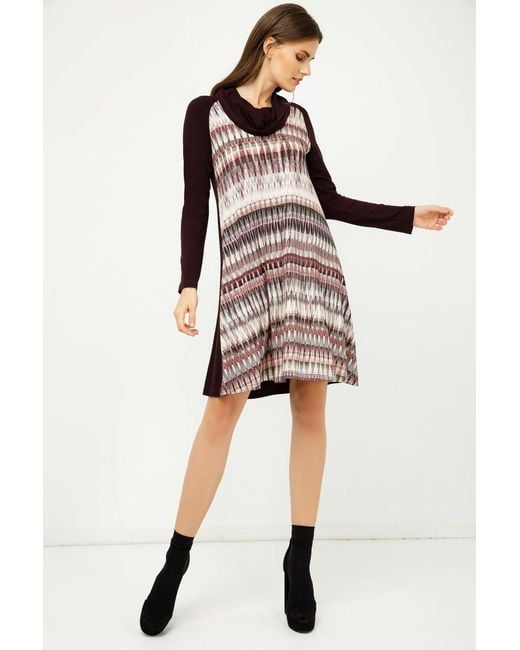 Conquista Brown A Line Print Dress With Turtle Neck