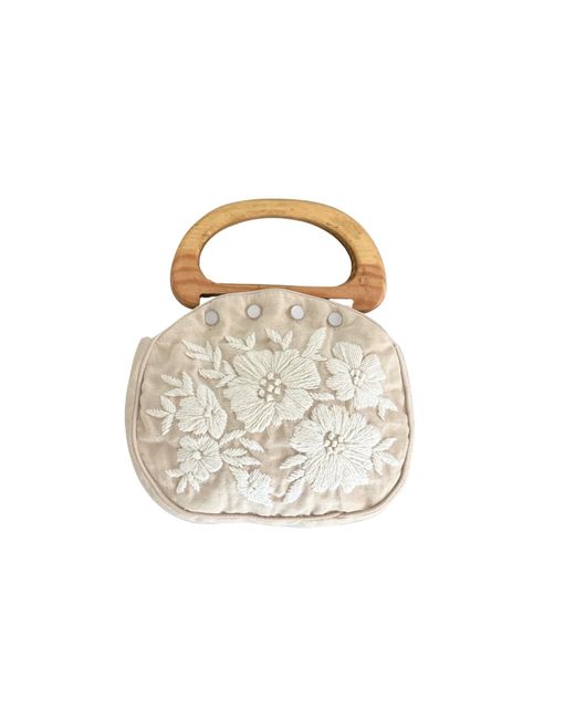 Pick Happy Metallic Bermuda Bag Canvas Floral Embroidery Wooden Handles