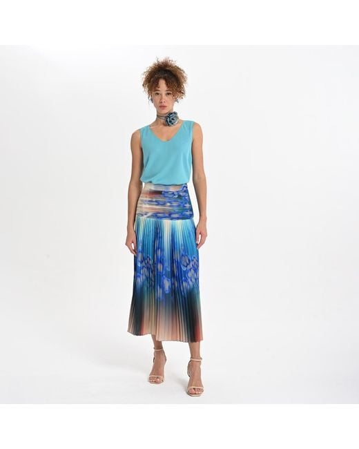 Lalipop Design Blue Abstract Floral Pleated Midi Skirt