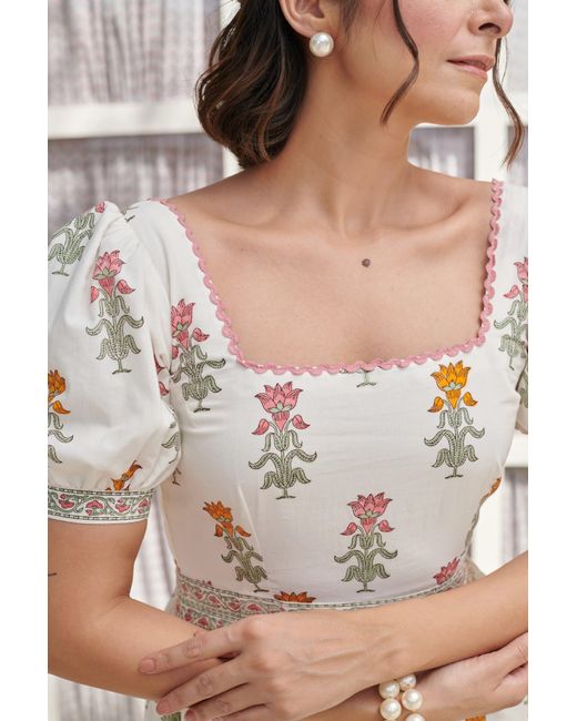 Echo of Pink White Juliet Hand Block Print Maxi Dress