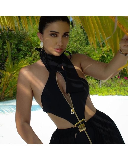 ANTONINIAS Black Cynosure Cut-Out One-Piece Swimsuit With Accents And Front Zip