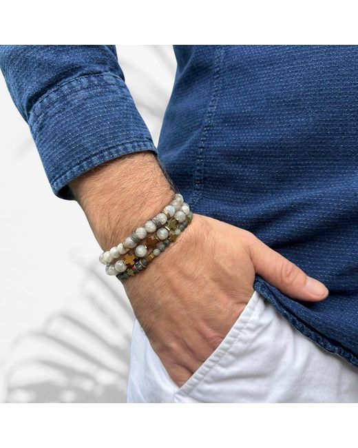 Ebru Jewelry Metallic Labradorite & Africa Bloodstone Cross Beaded Bracelet Set for men