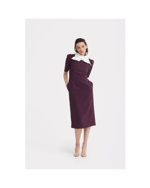 Julia Allert Purple Elegant Midi Dress With Contrast Bow Collar – Burgundy