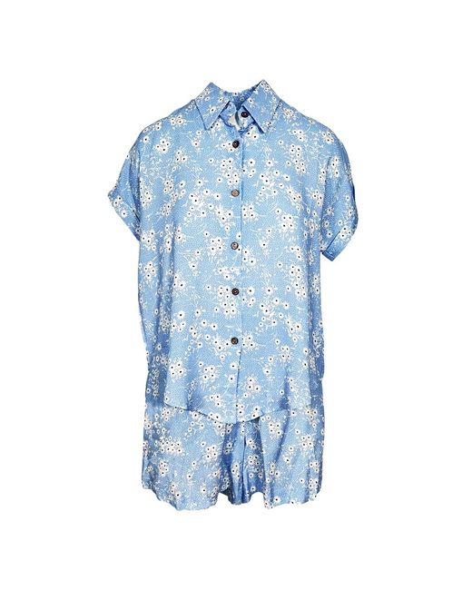 L2R THE LABEL Blue Floral Light Print Linen Short-Sleeved Shirt