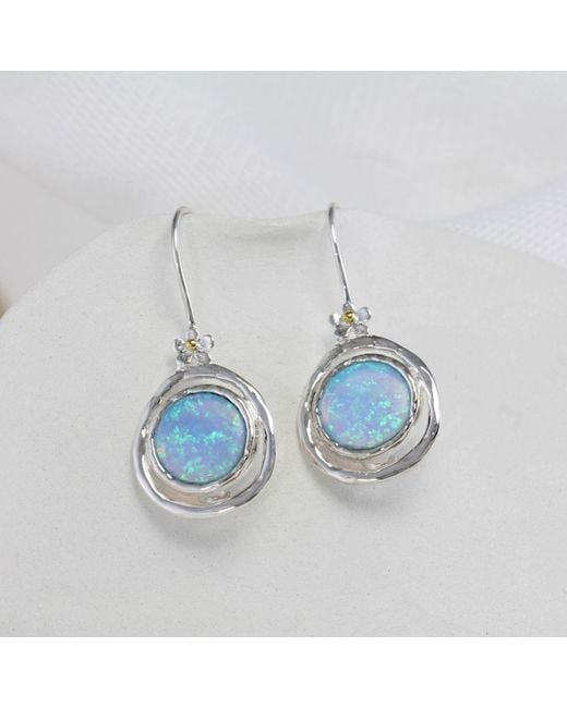 Isla Silver Blue Handmade Fire Opal Hook Earrings With Flower Detail