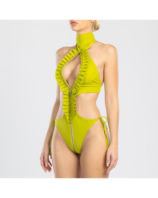 ANTONINIAS Green Ahmosy Cut-out One-piece Swimwear With Ruffles & Adjustable Zip In Lime