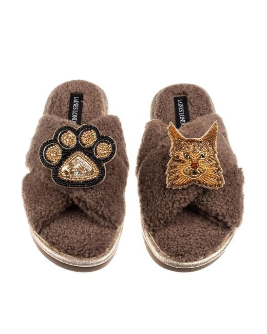 Laines London Brown Neutrals Boucle Slippers With Paw & Ginger Maine Coon Cat Brooches