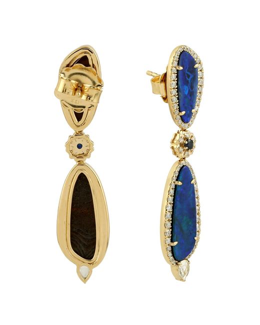 Artisan 18k Yellow Gold Opal Doublet Blue Sapphire Pave Diamond Drop Dangle Earrings Jewelry