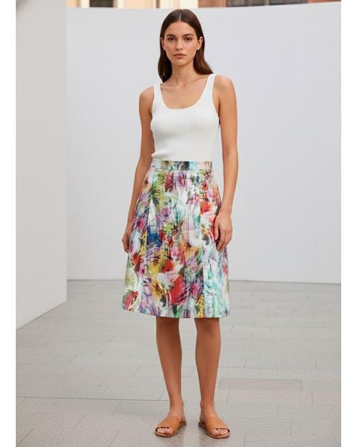 Conquista White A-Line Midi Skirt With Vibrant Abstract Print