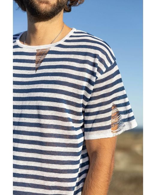 SALANIDA Blue Energia Ripped Linen T-Shirt