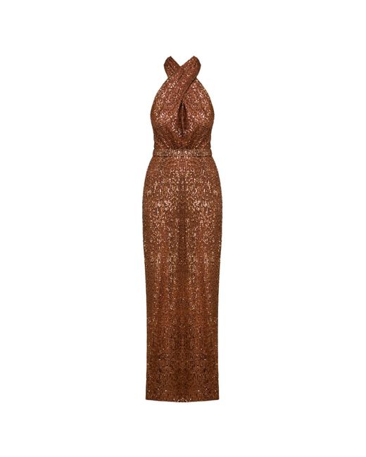 Undress Brown Alta Bronze Sequin X Neckline Evening Maxi Dress