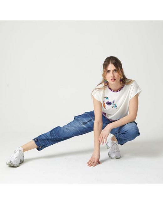 Lalipop Design White Embroidered Motif Cropped Cotton T-Shirt