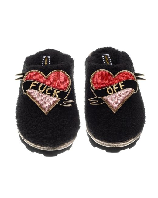 Laines London Orange Teddy Closed Toe Slippers With Fuck Off Brooches