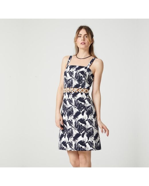 Lalipop Design Blue Palm Leaves Design Printed Ring Detailed Cut-out Mini Dress
