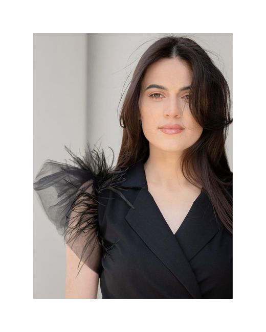 concept A trois Black Short Wrap Blazer Dress With Winged Tulle Sleeves