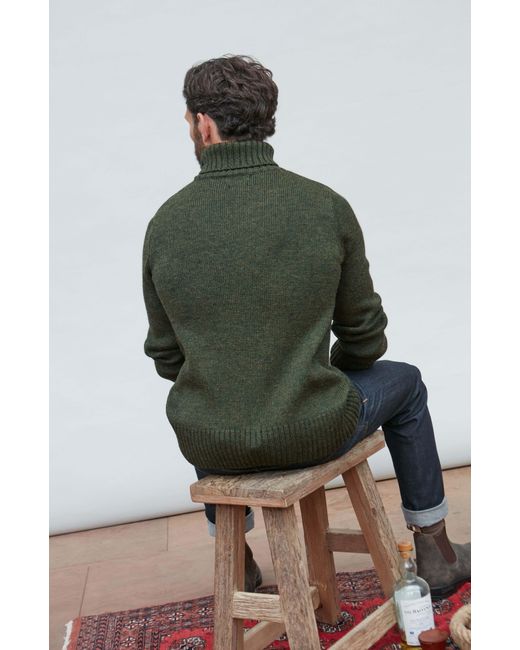 Paul James Knitwear Green The Fitted Submariner Lloyd Roll Neck Merino Wool Jumper for men