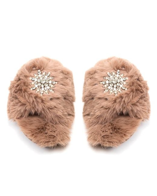 Rettrose Natural Neutrals Alice Mink Luxury Plush Diamanté Embellished Handmade Slipper