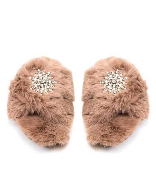 Rettrose Natural Neutrals Alice Mink Luxury Plush Diamanté Embellished Handmade Slipper