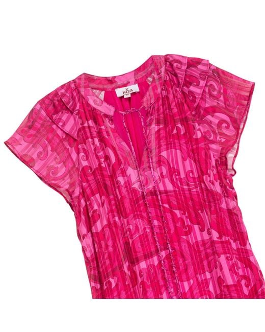 Niza Pink Printed Midi Dress With V-Neck And Short Sleeves