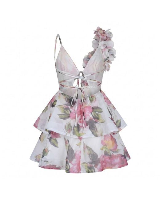 Modenaire Pink Floral Printed Mini Dress With Ruffle Layers And Tie Waist