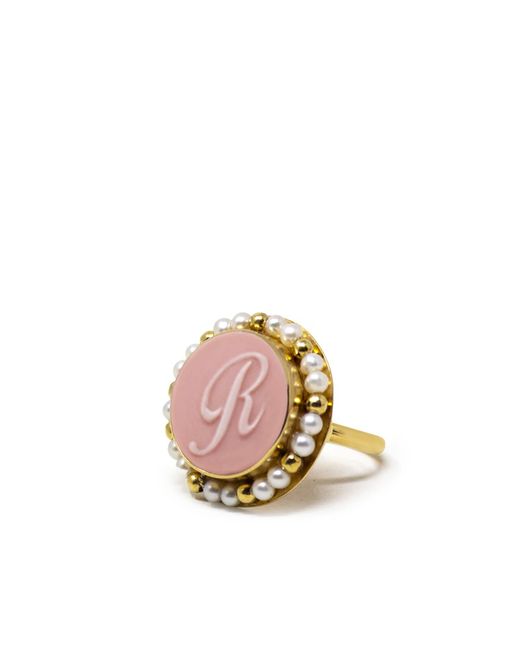 Vintouch Italy Gold Vermeil Pink Cameo Pearl Ring Initial R