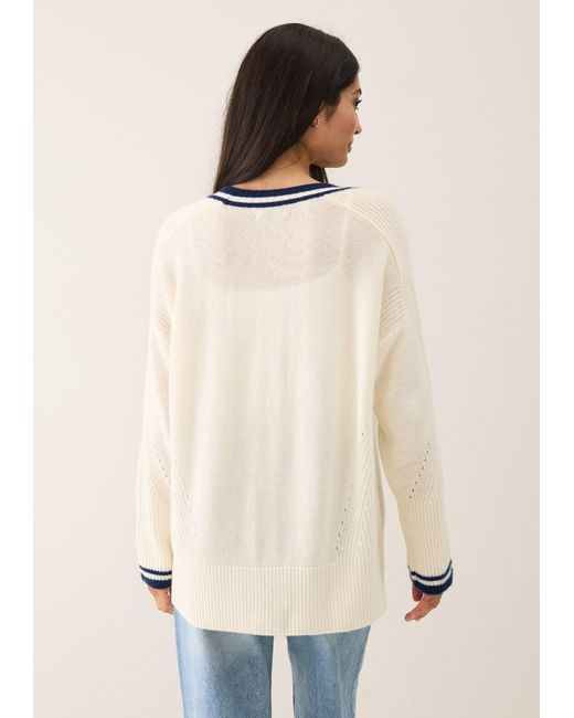 Loop Cashmere White Striped Tipped V Neck Lofty Cardigan