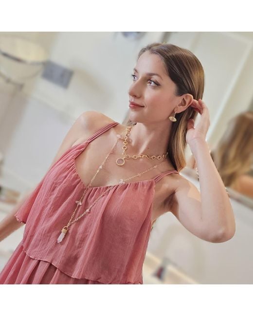Farra Metallic Wire-Wrapped Rose Quartz Pendant With Watermelon Flower Long Necklace