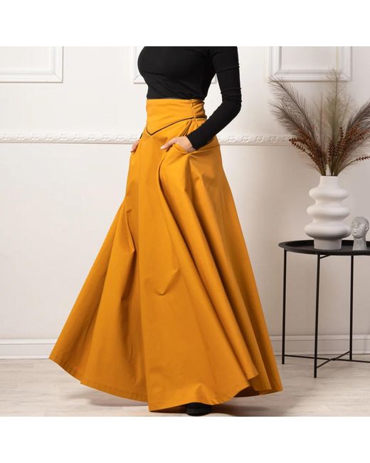 Nikka Place Orange Maxi A-Line Cotton Skirt With High Waist And Pockets