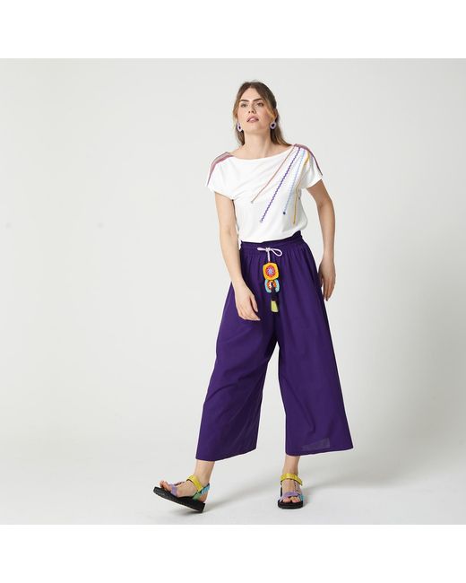Lalipop Design Purple Cropped Wide-Leg Voile Pants With Crochet Belt