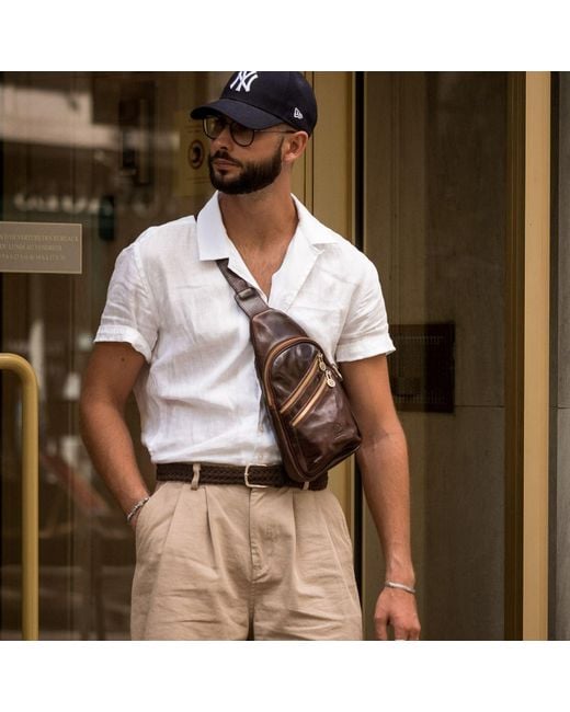 Time Resistance Brown Leather Sling Bag for men