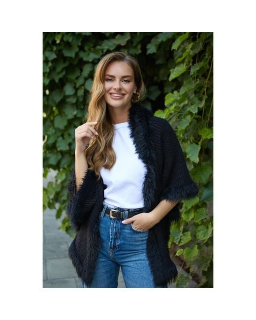 Saachi Black Fur Trim Knit Open Cardigan