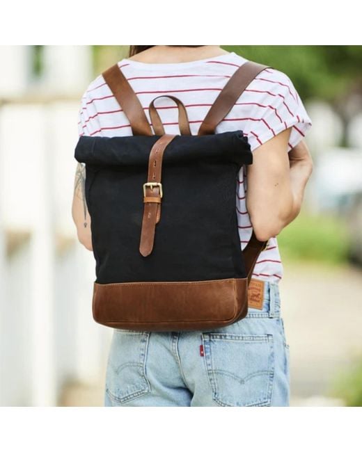 VIDA VIDA Black Canvas & Leather Roll Top Bag- & Tan