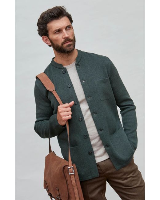 Paul James Knitwear Green Midweight Cotton Jaipurr Knitted Nehru Jacket for men