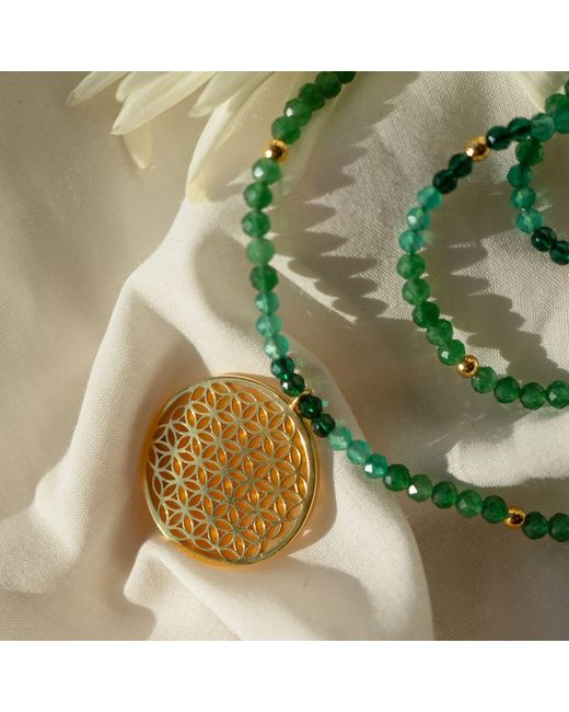 Seven Saints Metallic Joy And Prosperity Flower Of Life Necklace, Aventurine, Spinel, Chrysoprase, All Gender
